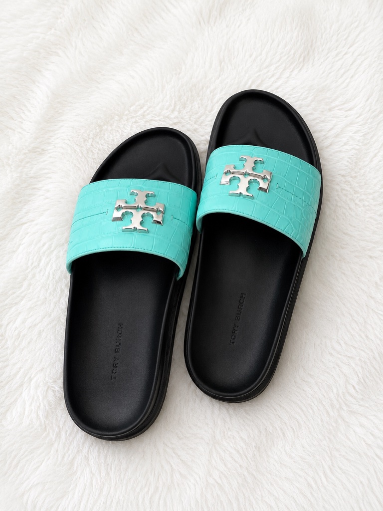 Tory Burch Aqua Blue Logo Slide Sandals Size 8 Luxury Summer Sandals Nwt